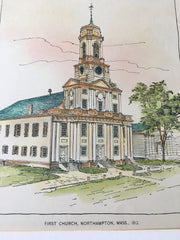 First Church, Ware and Northampton, MA, 1895, Original Hand Colored -