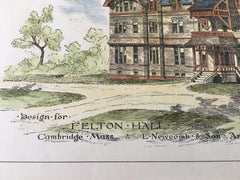 Felton Hall, Cambridge, MA, 1879, L Newcomb & Son, Original Hand Colored -