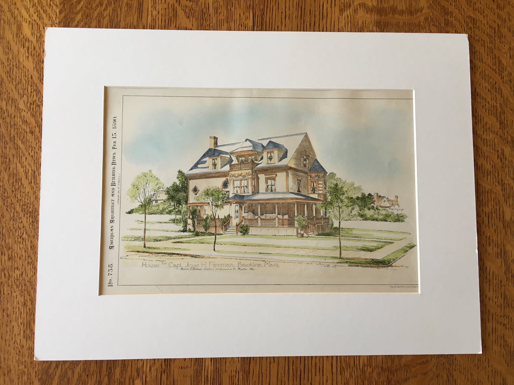 Jesse Freeman House, Brookline, MA, 1890, Original Hand Colored -