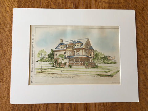 Jesse Freeman House, Brookline, MA, 1890, Original Hand Colored -
