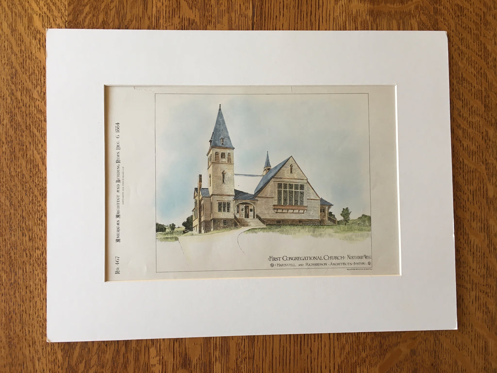 First Congregational Church, Norwood, MA, 1884, Original Hand Colored -