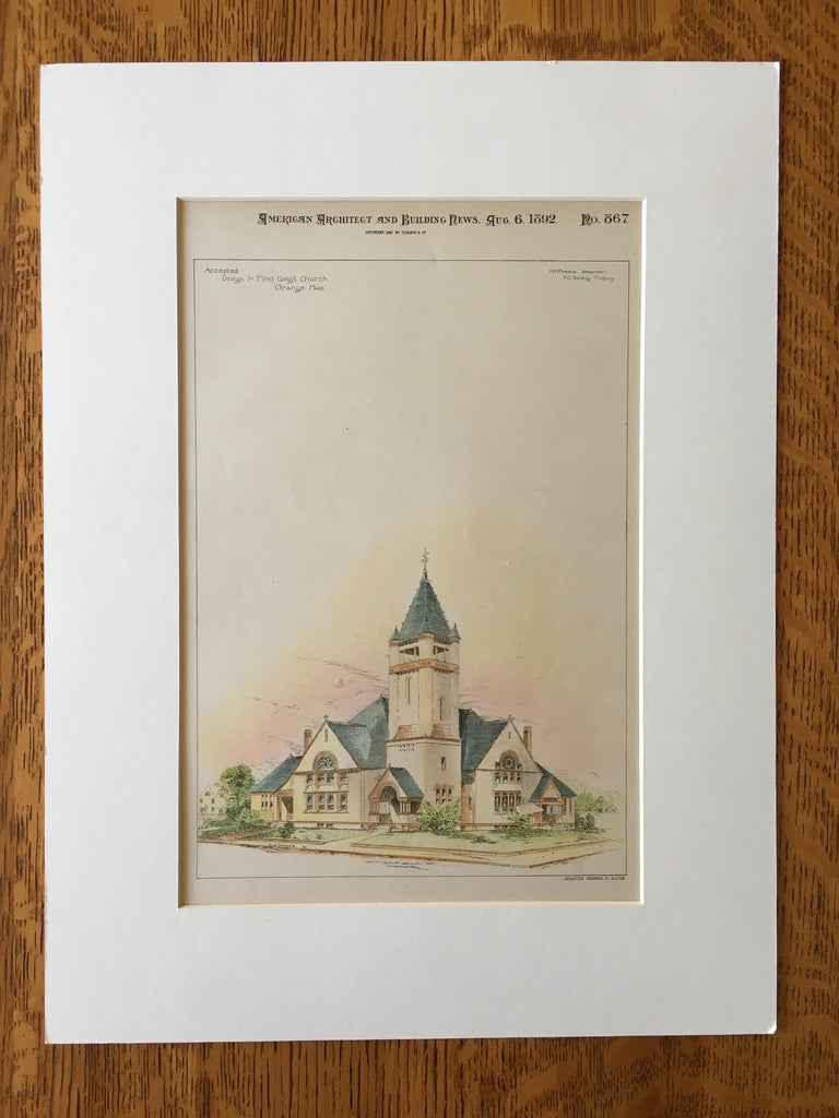 First Congregational Church, Orange, MA, 1892, H M Francis, Original Hand Colored