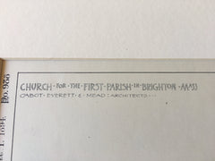 Church for First Parish, Brighton, MA, 1894, Original Hand Colored -