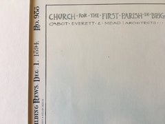 Church for First Parish, Brighton, MA, 1894, Original Hand Colored -