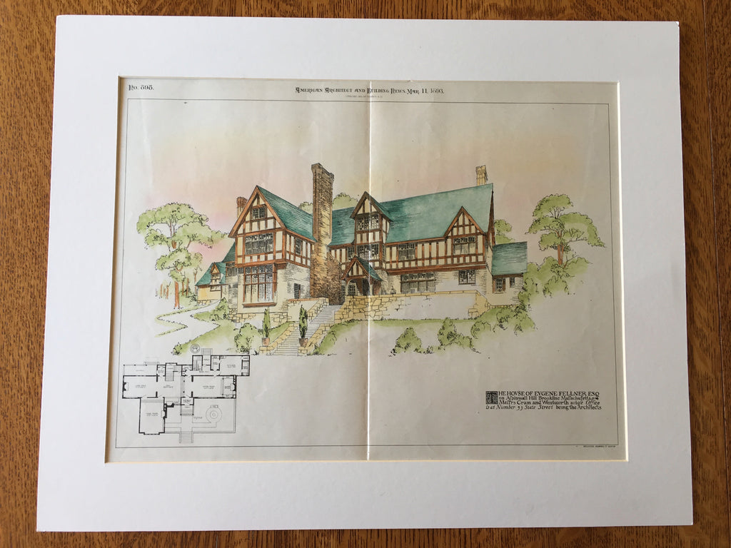 Eugene Fellner House, Brookline, MA, 1893, Cram & Wentworth, Original Hand Colored