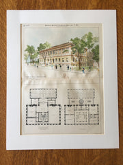 Public Library, Fall River, MA, 1895, Original Hand Colored