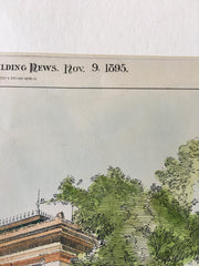 Public Library, Fall River, MA, 1895, Original Hand Colored