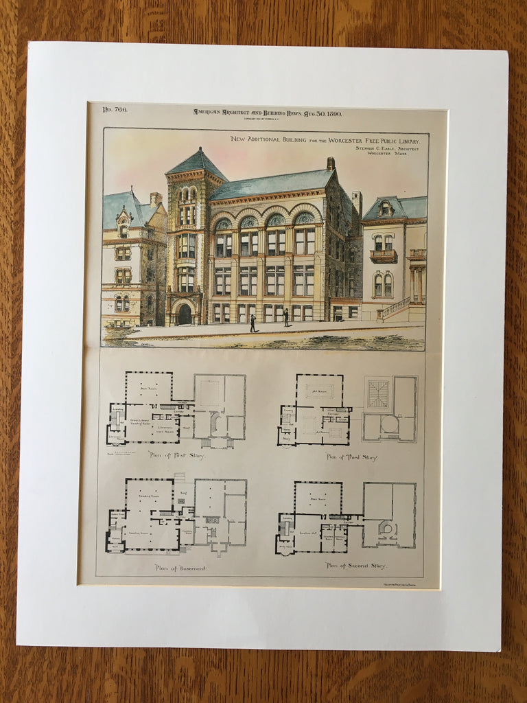 Worcester Free Public Library, Worcester, MA, 1890, Stephen Earle, Original Hand Colored