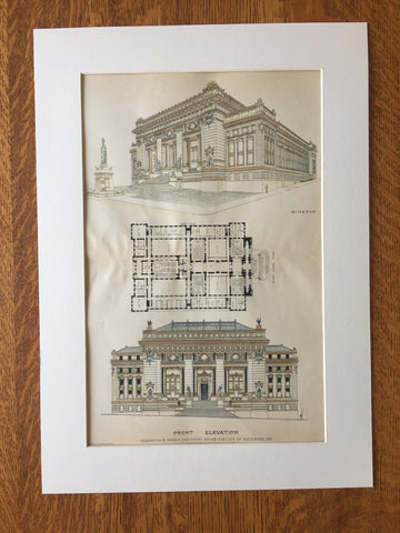 Court House, Baltimore, MD, 1885, J L Wees, Hand Colored Original -