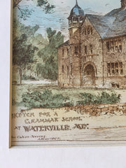 Grammar School, Waterville, ME, 1887, John Calvin Stevens, Original Hand Colored -