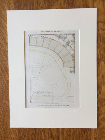 Stadium Plans, City College, NY, Arnold W Brunner, 1915, Original Hand Colored -