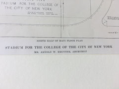 Stadium Plans, City College, NY, Arnold W Brunner, 1915, Original Hand Colored -