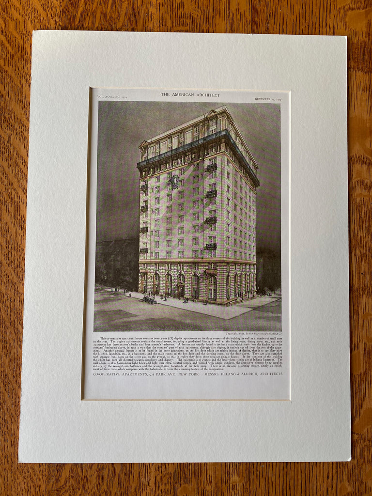Cooperative Apartments, 925 Park Ave, New York, NY, 1909, Hand Colored Original -