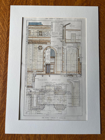 Public Library, Details, St Louis, MO, 1912, Cass Gilbert, Hand Colored Original -