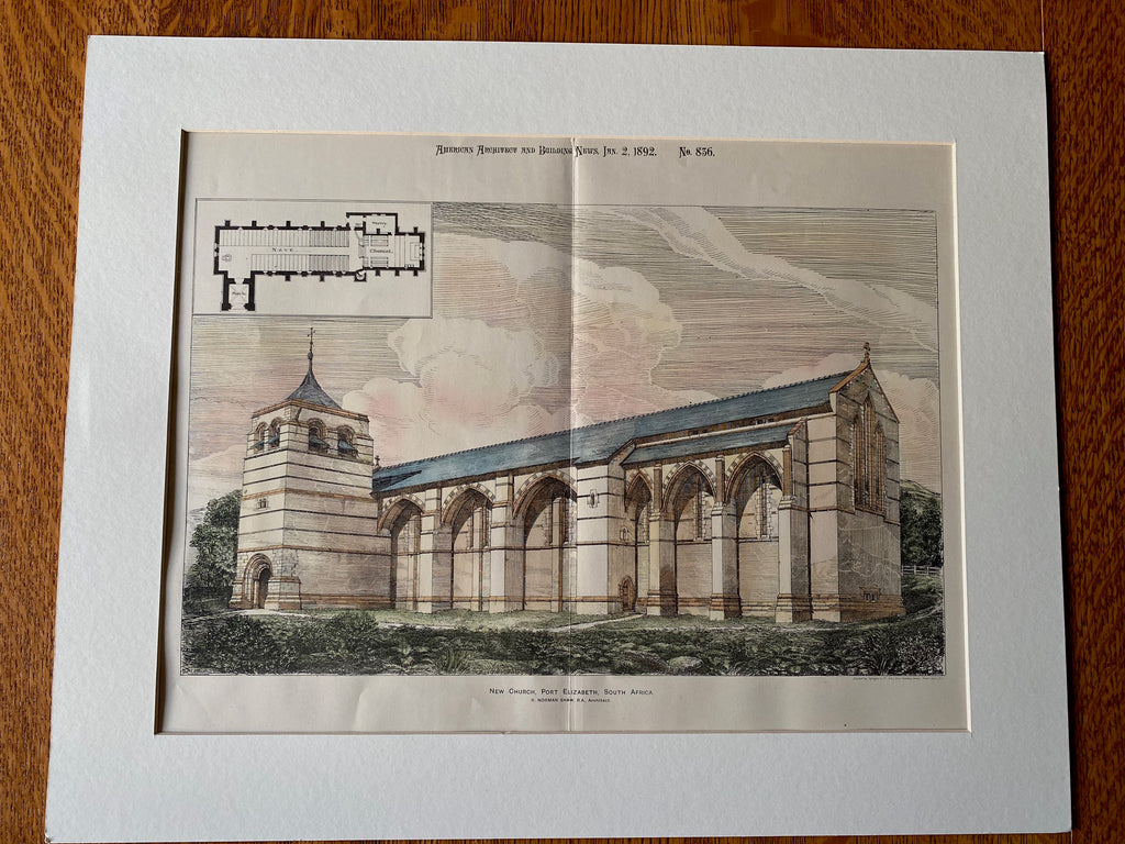 New Church, Port Elizabeth, South Africa, 1892, R N Shaw, Hand Colored Original -