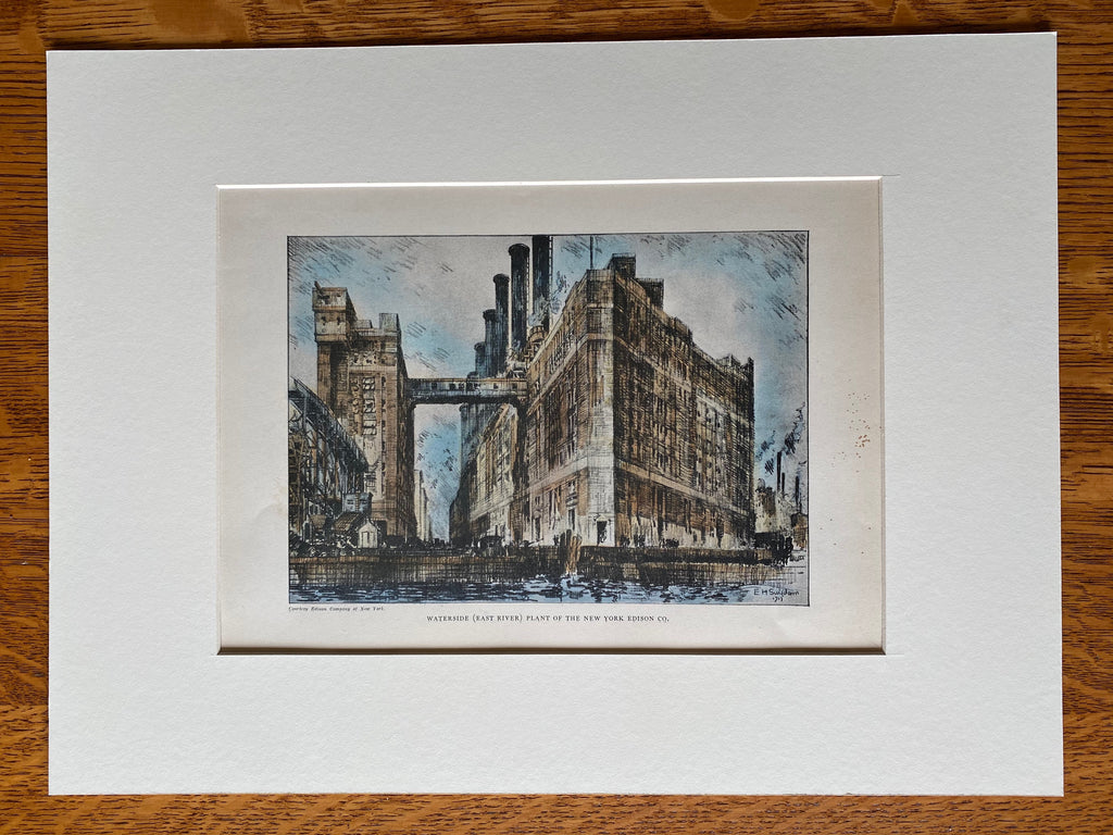 New York Edison Plant, East River, New York, 1929, Original Hand Colored -