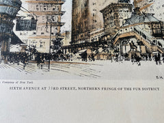 Fur District, Manhattan, New York, 1929, Original Hand Colored Lithograph -
