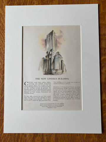 Lincoln Building, New York, 1929, J Carpenter, Original Hand Colored Lithograph -