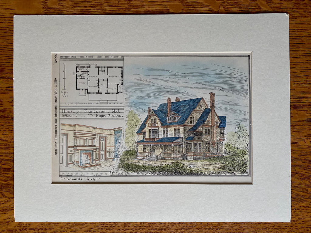 House for Prof. Sloane, Princeton (University), NJ, 1879, Hand Colored Original -