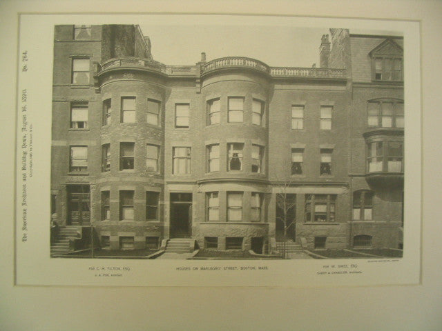 Houses on Marlboro' St. for W. Simes and C. H. Tilton, Boston, MA, 1890, J. A. Fox and Cabot & Chandler