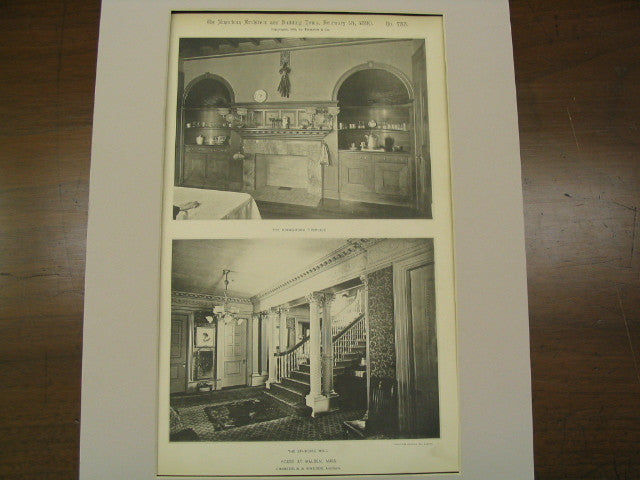 House: The Dining-Room Fireplace and The Starcase Hall, Malden, MA, 1890, Chambelin and Whidden
