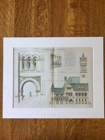 Carnegie Library, Allegheny, PA, 1887, W. S. Fraser, Archt., Original Plan, Hand Colored