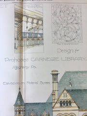 Carnegie Library, Allegheny, PA, 1887, W. S. Fraser, Archt., Original Plan, Hand Colored