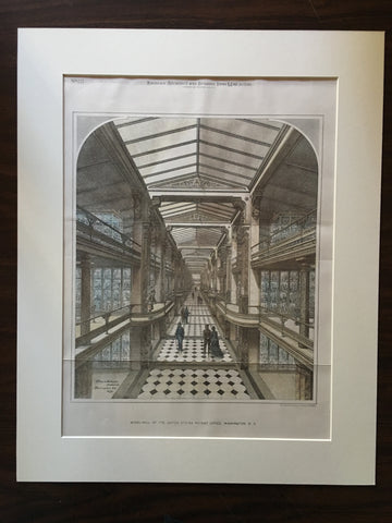 Model Hall, US Patent Office, Washington DC, 1880, Original Hand Colored