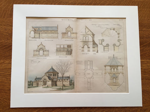 Receiving Vault for Cemetery, 1883, Charles B Atwood, Original Plan Hand-colored
