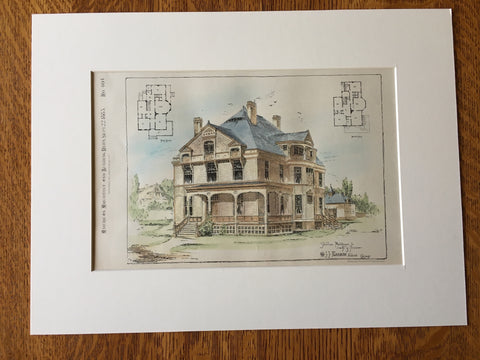 Suburban Residence, F S James, Chicago, IL, 1883, Original Plan Hand Colored