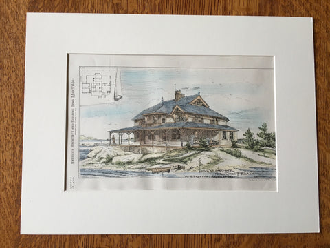 Bungalow, Monument Beach, MA, 1880, W G Preston, Original Plan Hand Colored