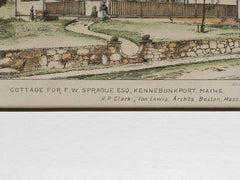 Cottage, F W Sprague, Kennebunkport, ME, 1882, Clark & Lewis, Original Plan Plan Hand-colored