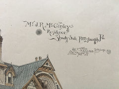 J R McGinley Residence, Shady Side, Pittsburgh, PA, 1882, Original Plan Hand-colored