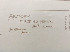 Armory, 1st Regiment, Philadelphia, PA, 1882, Original Plan Hand-colored