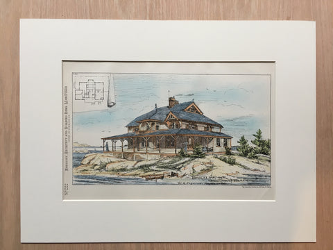 Bungalow, Monument Beach, MA, 1880, W G Preston, Hand Colored, Original