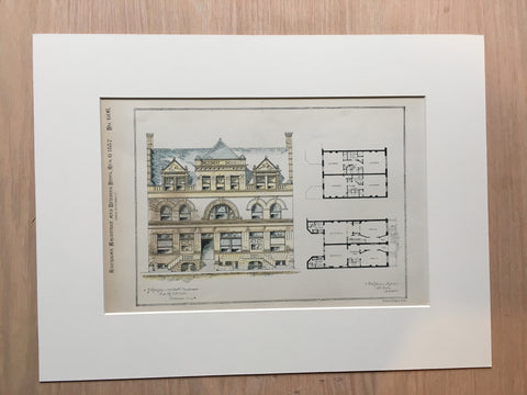 Houses for C R Lee, Chicago, IL, 1887, F W Beall, Archt., Original, Hand Colored Hand-colored