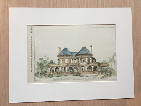 J J Mastin Residence, Kansas City, MO, 1887, Original Plan Hand Colored