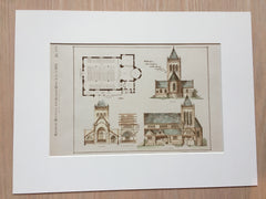 Sketches, Memorial Church, Boston, MA, 1884, R H Robertson, Original Plan Hand-colored