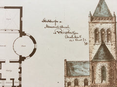 Sketches, Memorial Church, Boston, MA, 1884, R H Robertson, Original Plan Hand-colored