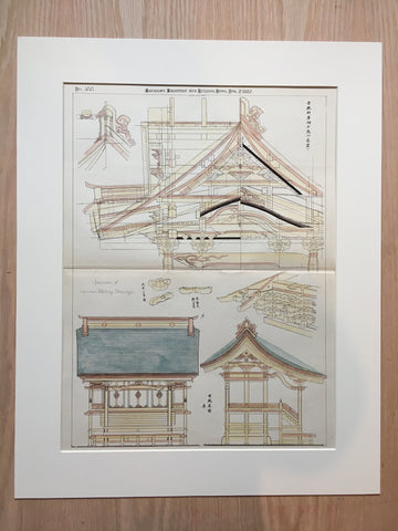 Japanese Architectural Drawings, 1887, Original, Hand Colored