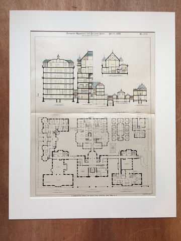 Mount Sinai Hospital, NY, 1899, R H Robertson, Original Plan, Hand Colored