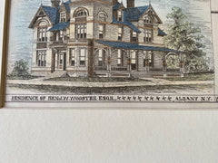 Benjamin Wooster House, Albany, NY, 1879, Wm Woollett, Hand Colored Original -