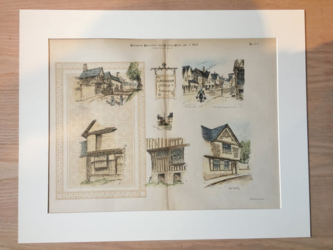 Sketches of Lavenham, Suffolk, England, UK, 1885, Original Hand Colored