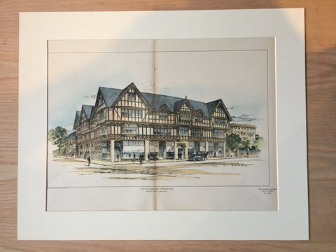 Hollis Building, Hingham, MA, 1903, James Kelley, Archt., Original Hand Colored Hand Colored