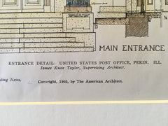 Entrance, US Post Office, Pekin, IL, 1905, Original, Hand Colored
