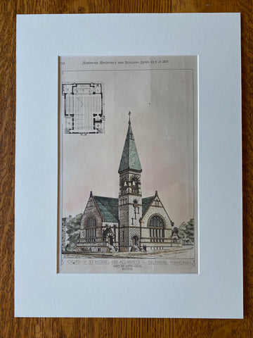 Church of St Michael and All Angels, Baltimore, MD, 1878, Original Hand Colored -