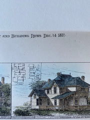 Cottage for Sanford Hovey, Providence, RI, 1878, Original Hand Colored -