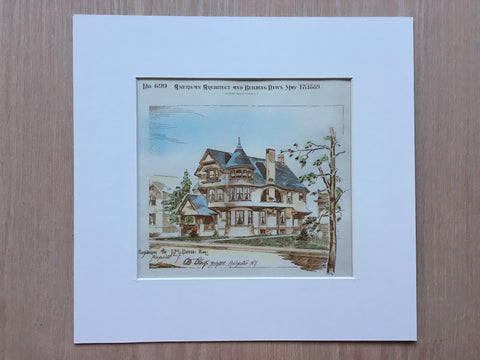 Residence, J M Davis, Alexander St, Rochester, NY, 1889, Hand Colored Original