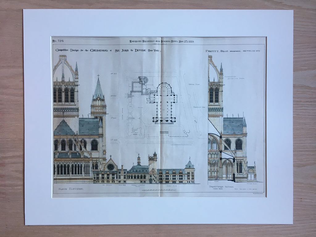 St John the Divine Cathedral, NY, 1889, Parfitt, Hand Colored Original
