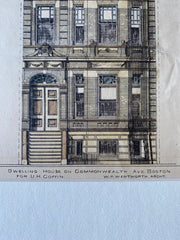 UH Coffin House, Commonwealth Ave, Boston, MA, 1879, Original Hand Colored -